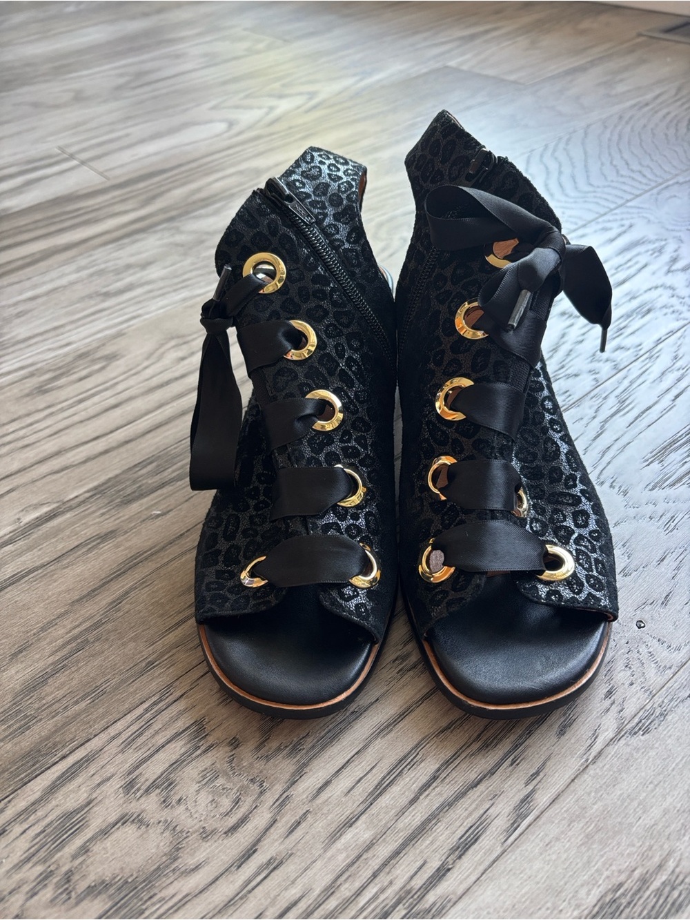 Tamara London Dropsy Open-Toe Ribbon Lace Sandals with Gold Eyelets